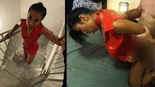 Old-Guy fi**t dieses kleine aber geile asiatische fi**luder in rotem Latex-Kleid und High-Heels!